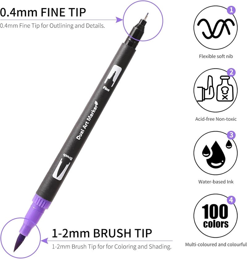 TOSHARE Dual Tip Markers, Brush Art Markers Set with Fine Tip and Brush Tip for Adult Coloring Book, Hand Lettering, Calligraphy & Drawing, Professional Art Supplies Kit for Adults (100 Colors) - Image 3